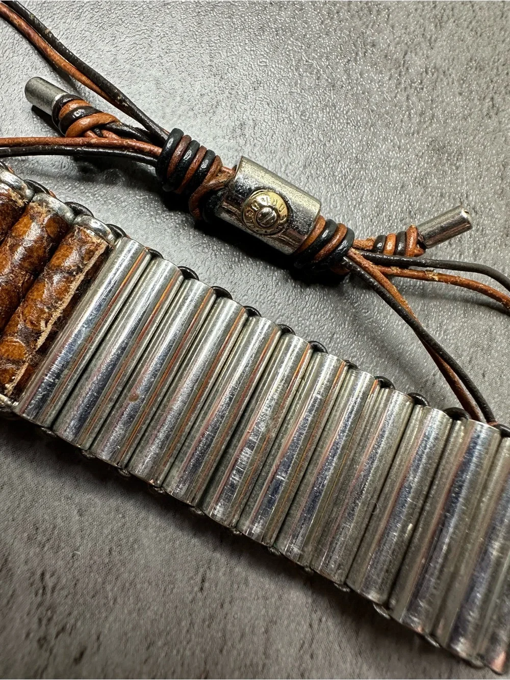 Henri Bendel Adjustable Leather & Silver Tone Statement Bracelet Boho Cuff
